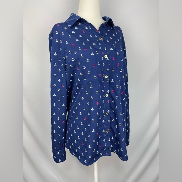 C. Wonder Tops - C. Wonder Anchor print navy button down blouse women’s 10